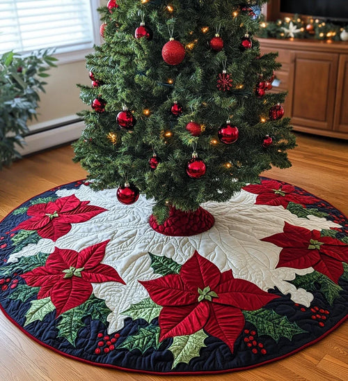 Poinsettia Parade Quilted Christmas Tree Skirt