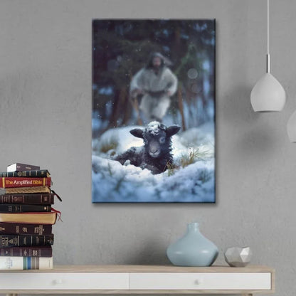 jesus running to rescue a lost sheep in a snowy forest wall art canvas (Landscape) (view 12)