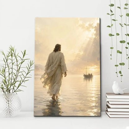 jesus walking on water matthew 14 christian wall art canvas (Landscape) (view 13)