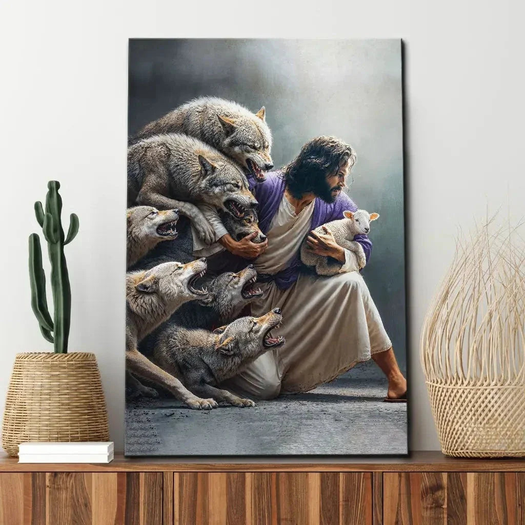 jesus protects the lamb from wolves wall art canvas (Landscape) (view 13)