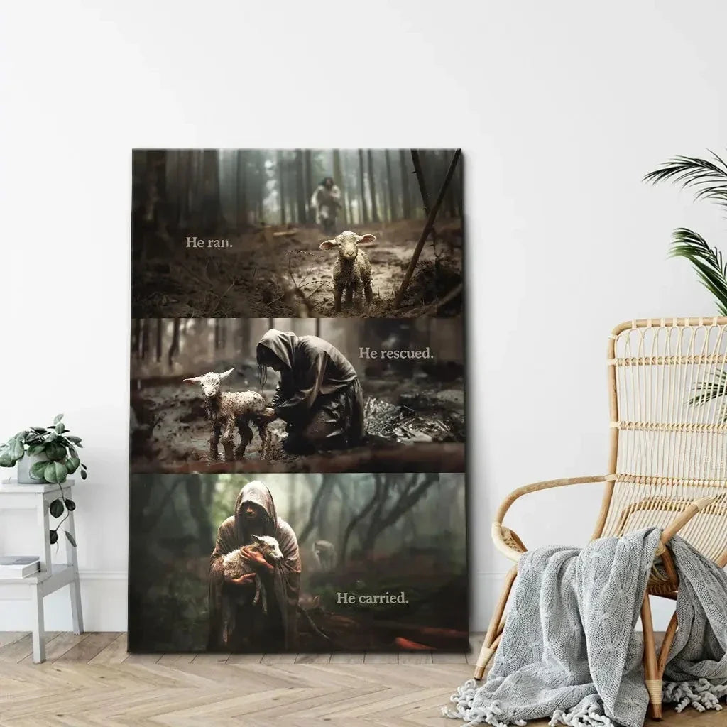 he ran he rescued he carried jesus and lost sheep wall art canvas (view 12)