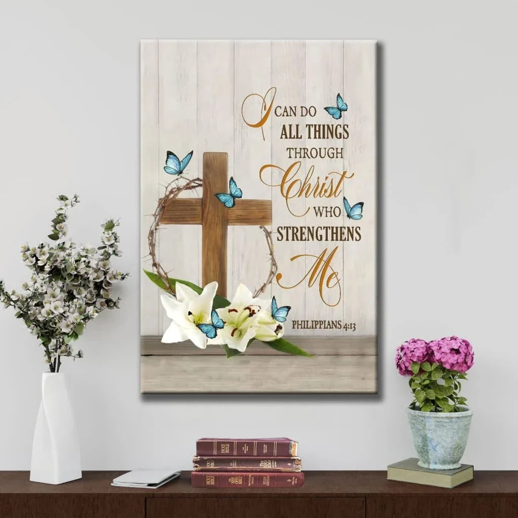 i can do all things through christ wooden cross lily flower butterflies wall art canvas (Landscape) (view 11)