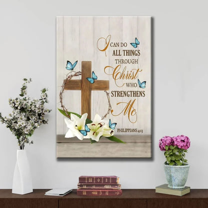 i can do all things through christ wooden cross lily flower butterflies wall art canvas (Landscape) (view 11)