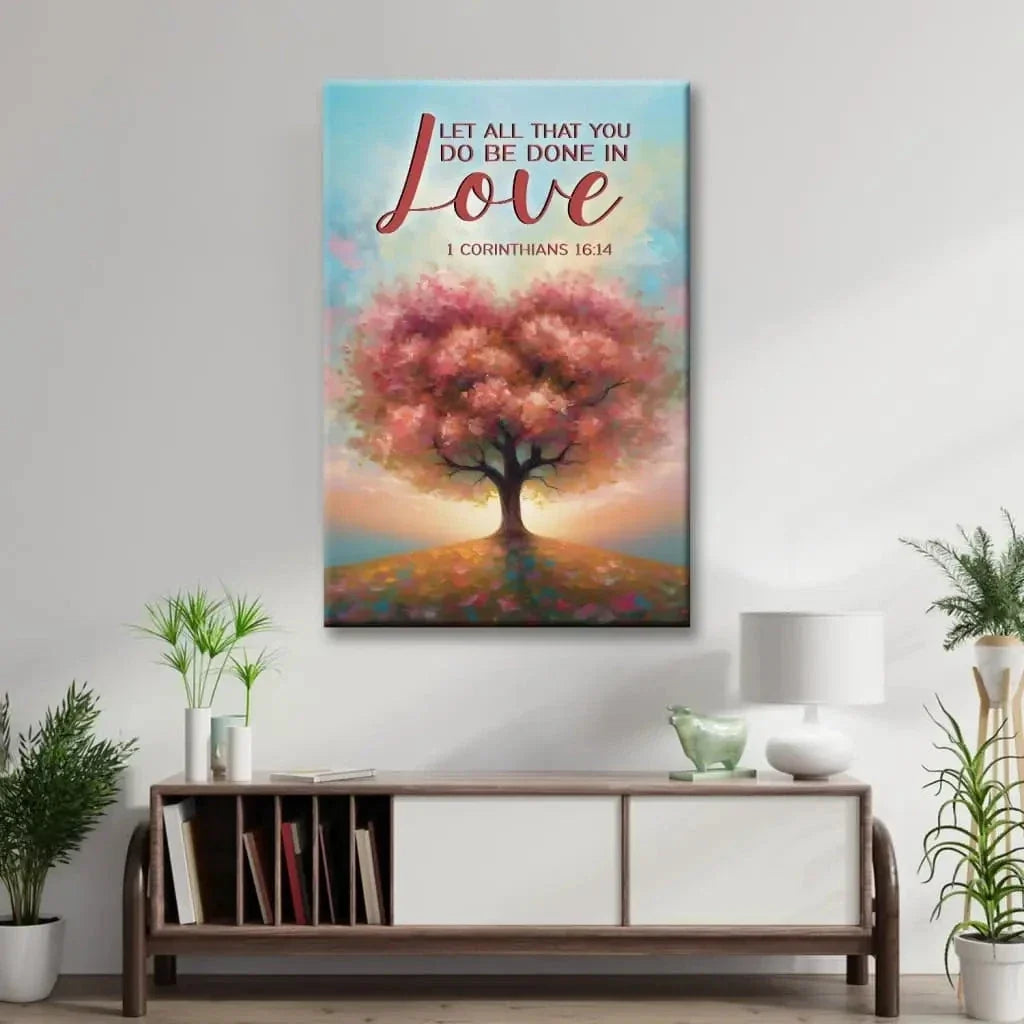 let all that you do be done in love heart shape tree wall art canvas (Landscape) (view 9)
