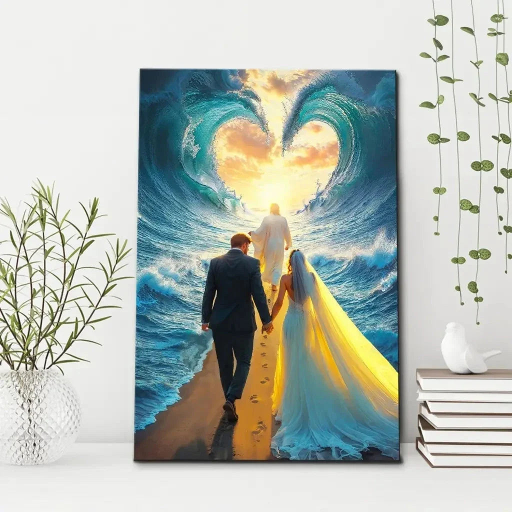 jesus leading a married couple through parted sea wall art canvas (view 11)