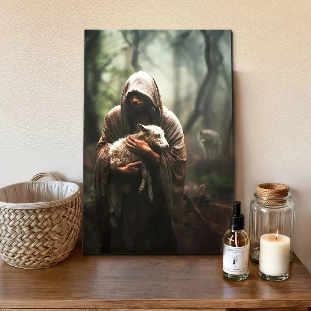 jesus carrying lost sheep wall art canvas (Landscape) (view 12)
