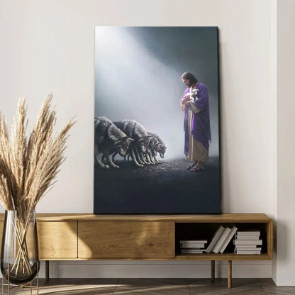 jesus holds a lamb as wolves bow down christian wall art canvas (view 12)