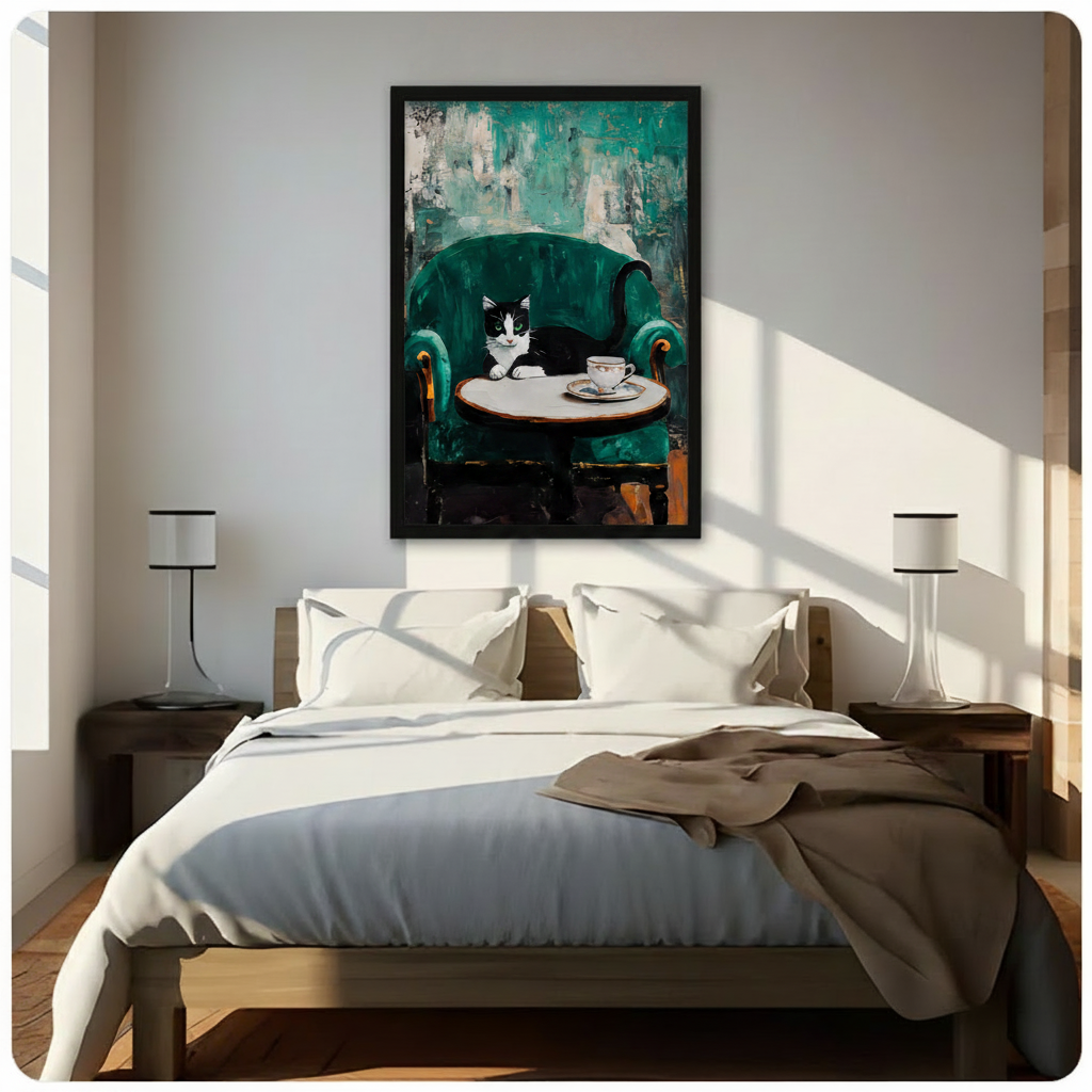 Tuxedo Cat Green Velvet Chair Canvas Art Wall Art