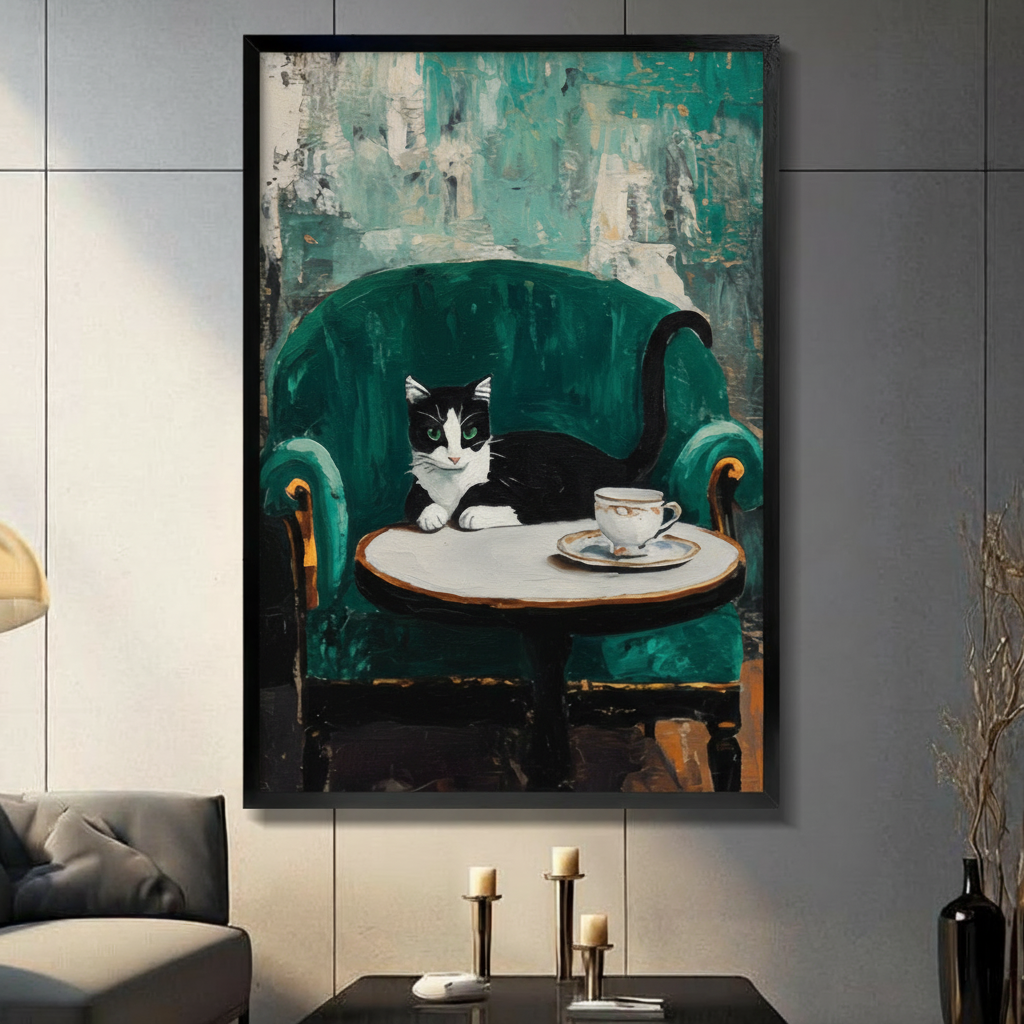 Tuxedo Cat Green Velvet Chair Canvas Art Wall Art