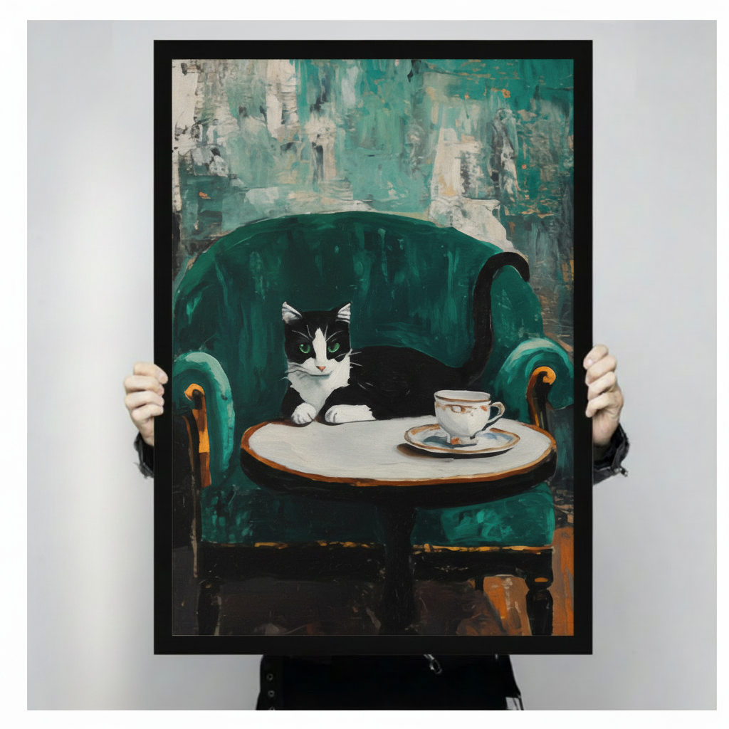 Tuxedo Cat Green Velvet Chair Canvas Art Wall Art