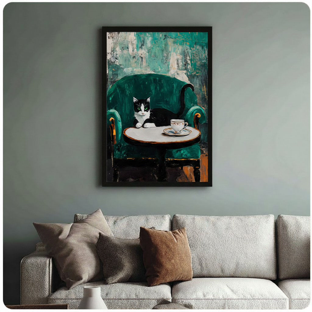 Tuxedo Cat Green Velvet Chair Canvas Art Wall Art