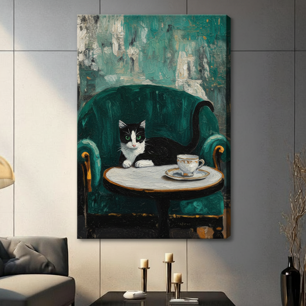 Tuxedo Cat Green Velvet Chair Canvas Art Wall Art