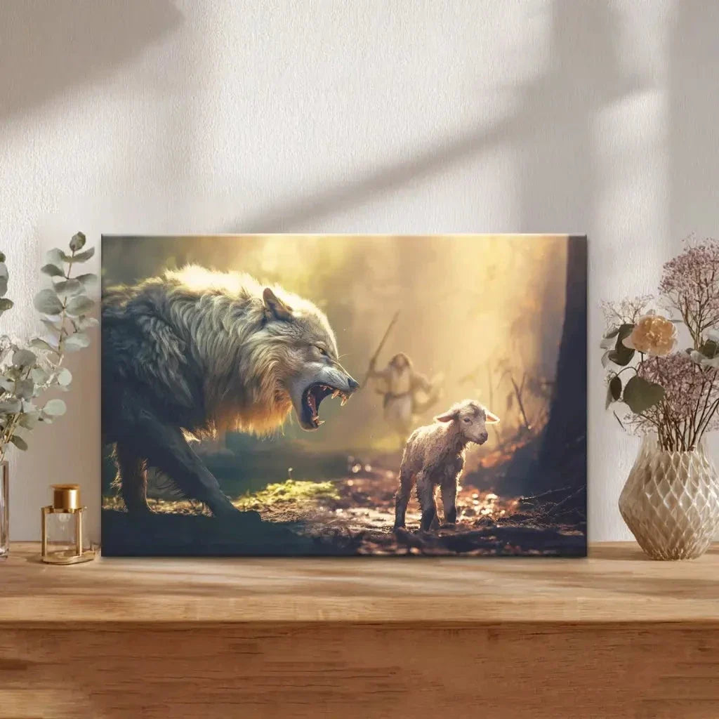 jesus running towards wolf and lamb christian wall art canvas (Landscape) (view 6)