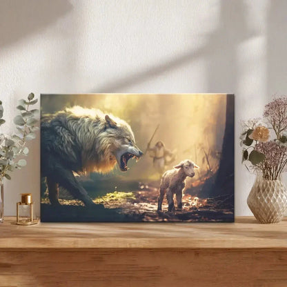 jesus running towards wolf and lamb christian wall art canvas (Landscape) (view 6)
