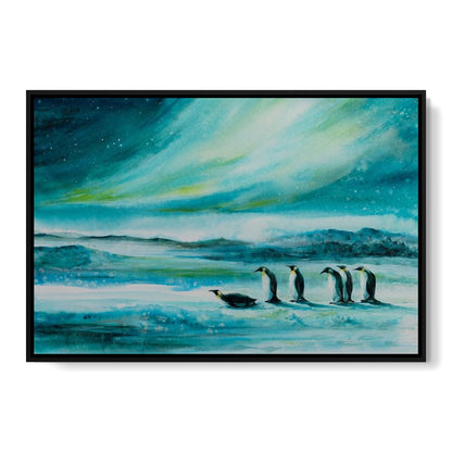 Penguins Under the Aurora Borealis Canvas Wall Art