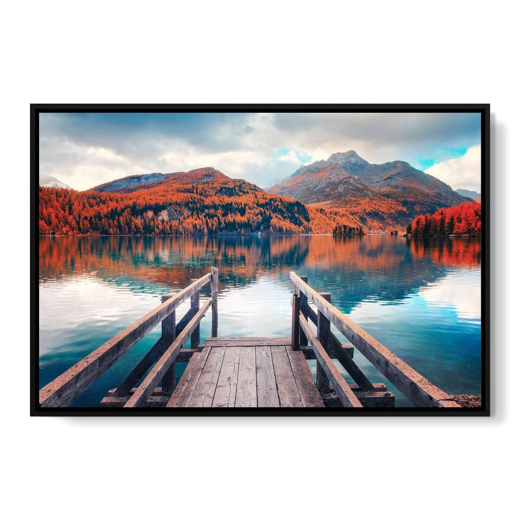 Wooden Pier on Autumn lake Sils Canvas Wall Art