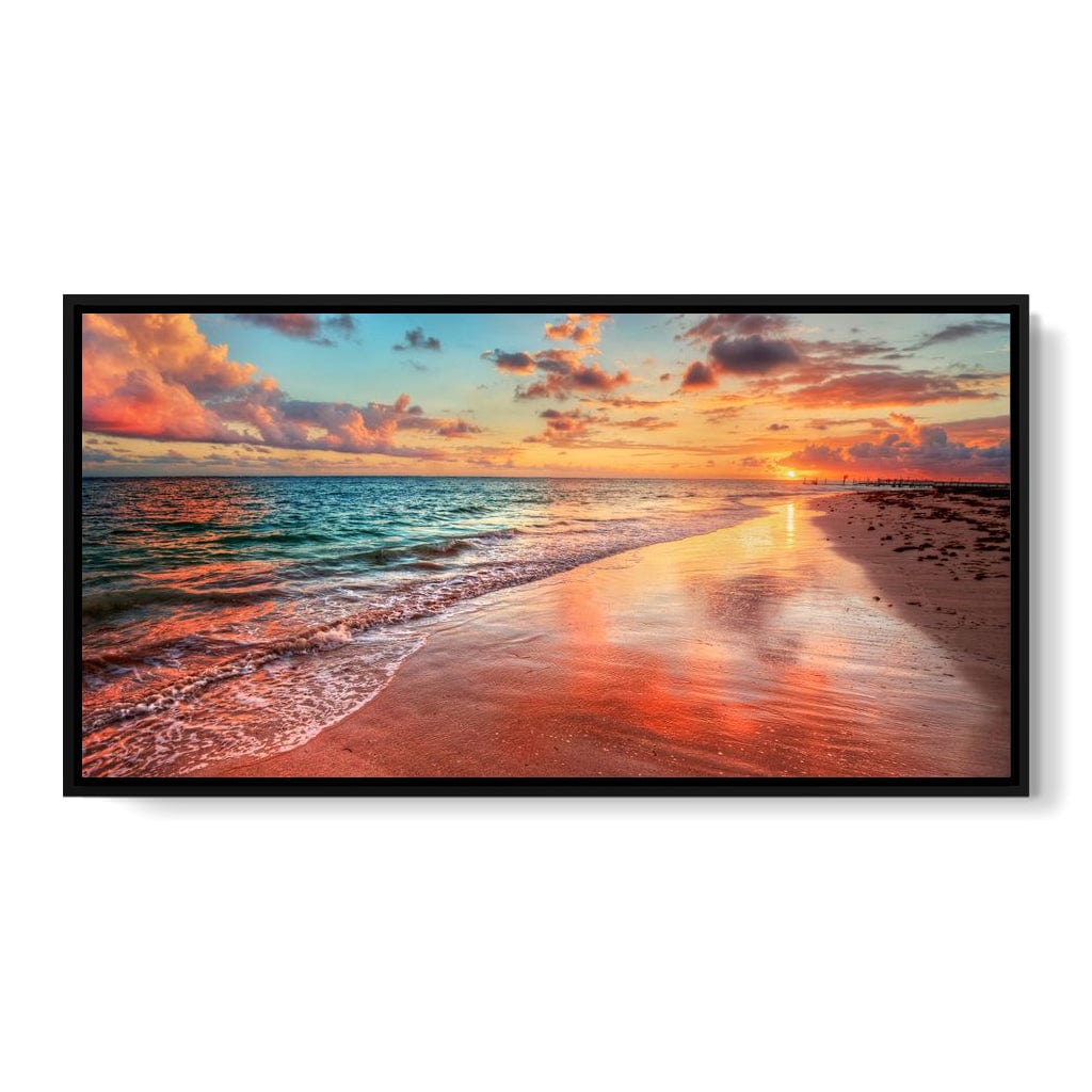 Sunset Over an Ocean Beach Shore Canvas Wall Art