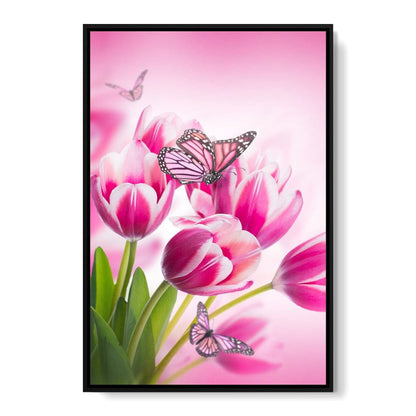 Bouquet of Pink Tulips & Butterflies Canvas Wall Art