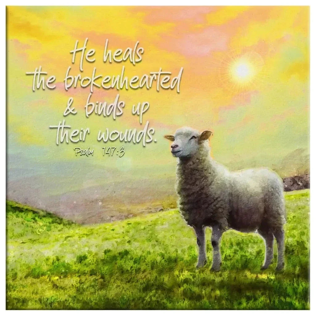 psalm 147 3 he heals the brokenhearted sheep christian wall art canvas (Landscape) (view 6)
