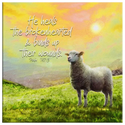 psalm 147 3 he heals the brokenhearted sheep christian wall art canvas (Landscape) (view 6)