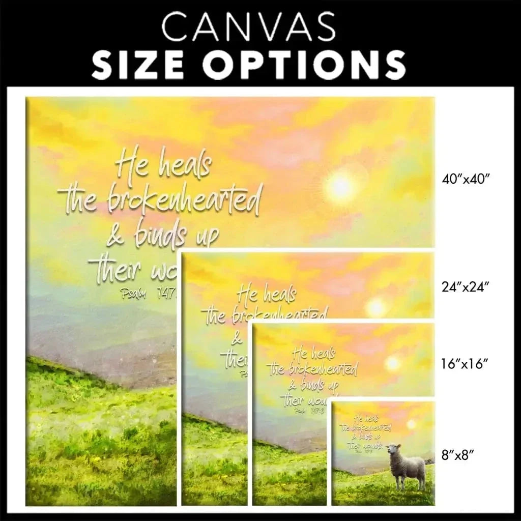 psalm 147 3 he heals the brokenhearted sheep christian wall art canvas (Landscape) (view 7)