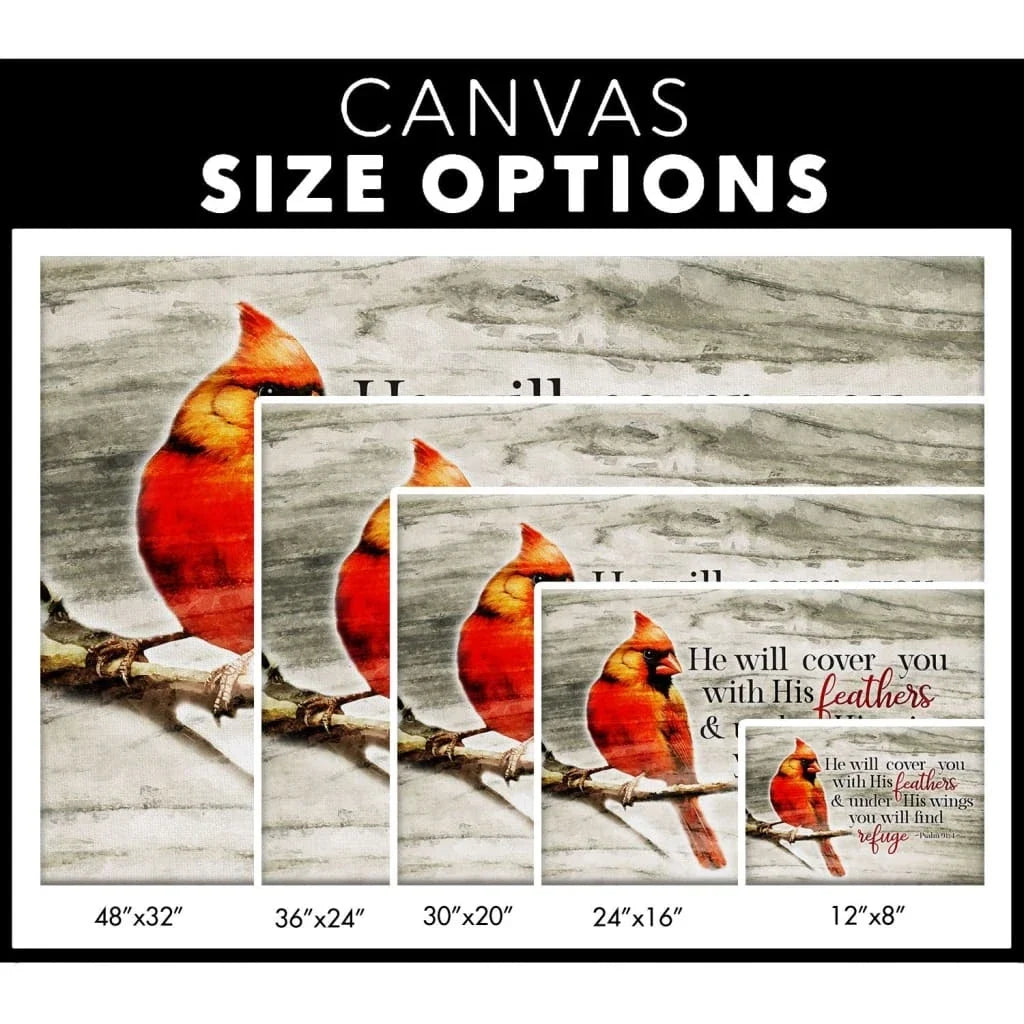 he will cover you with his feathers psalm 91 4 cardinal bird wall art canvas (Landscape) (view 4)