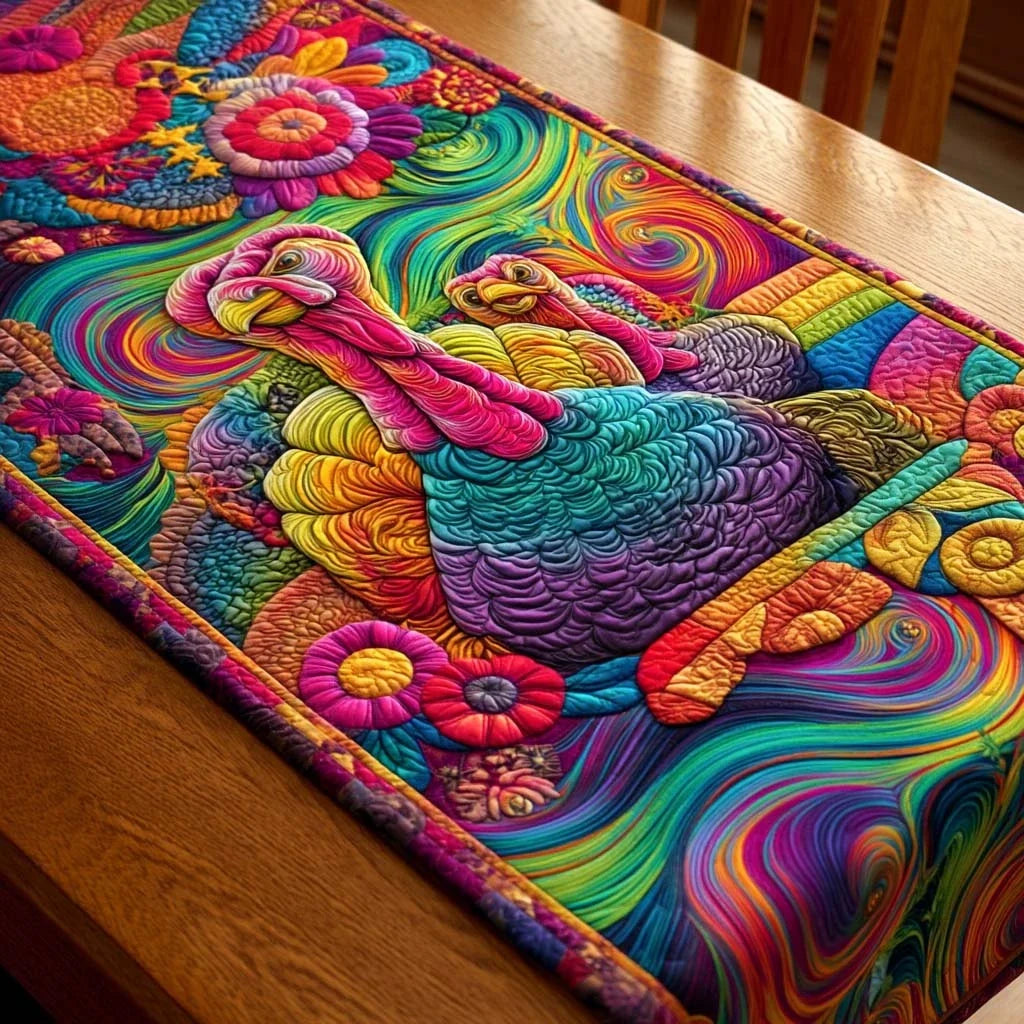 Psychedelic Turkey Dream Quilted Table Runner