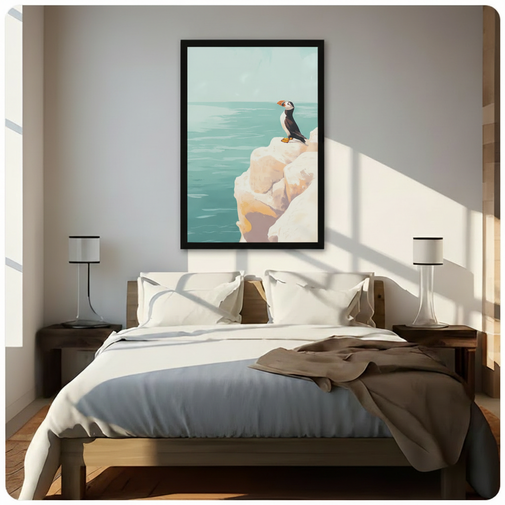 Puffin Coastal Cliff Ocean Vintage Canvas Wall Art