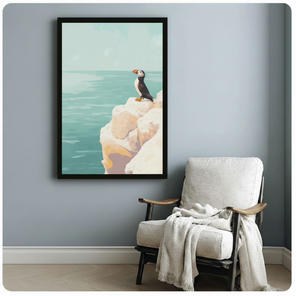 Puffin Coastal Cliff Ocean Vintage Canvas Wall Art
