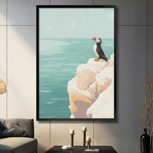 Puffin Coastal Cliff Ocean Vintage Canvas Wall Art