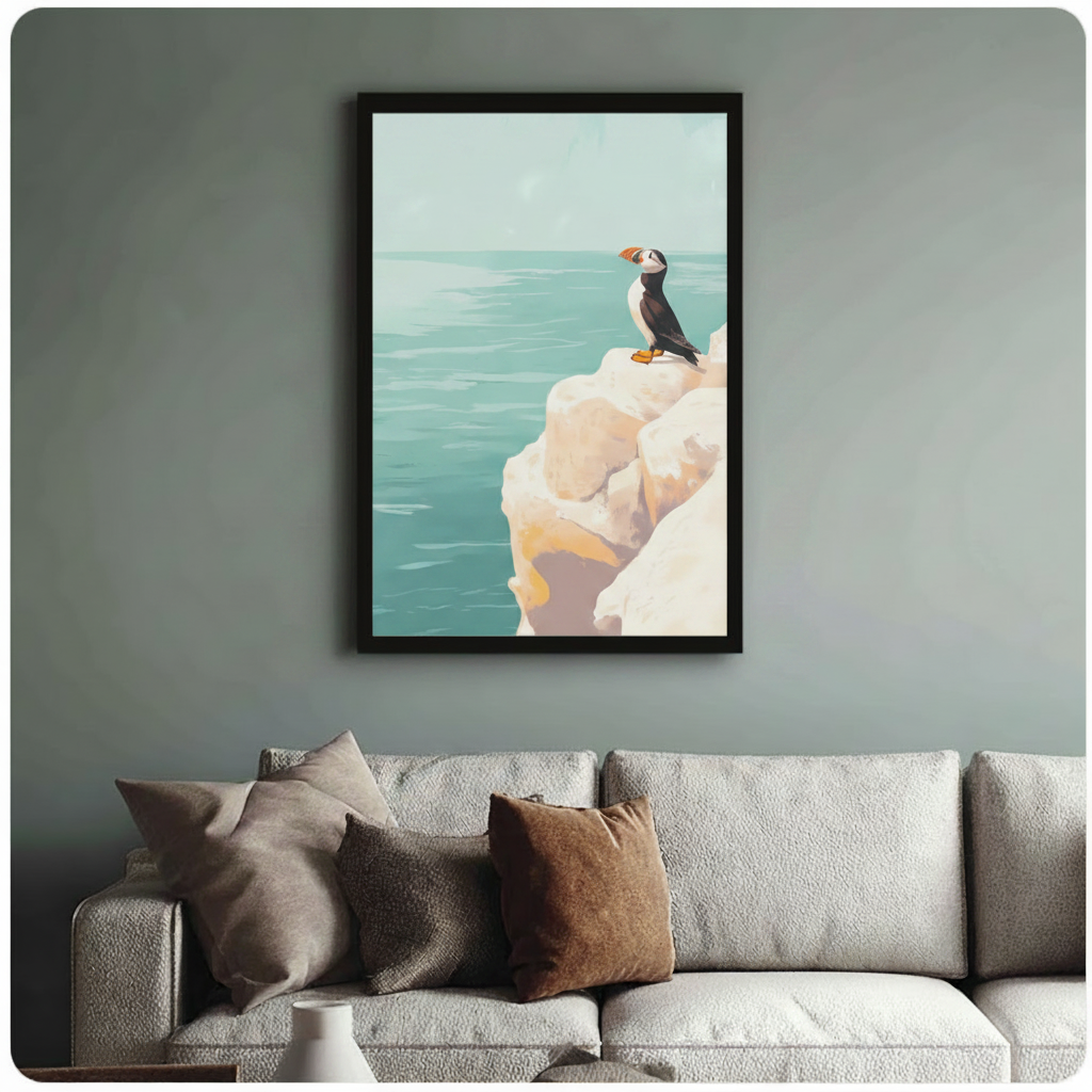 Puffin Coastal Cliff Ocean Vintage Canvas Wall Art