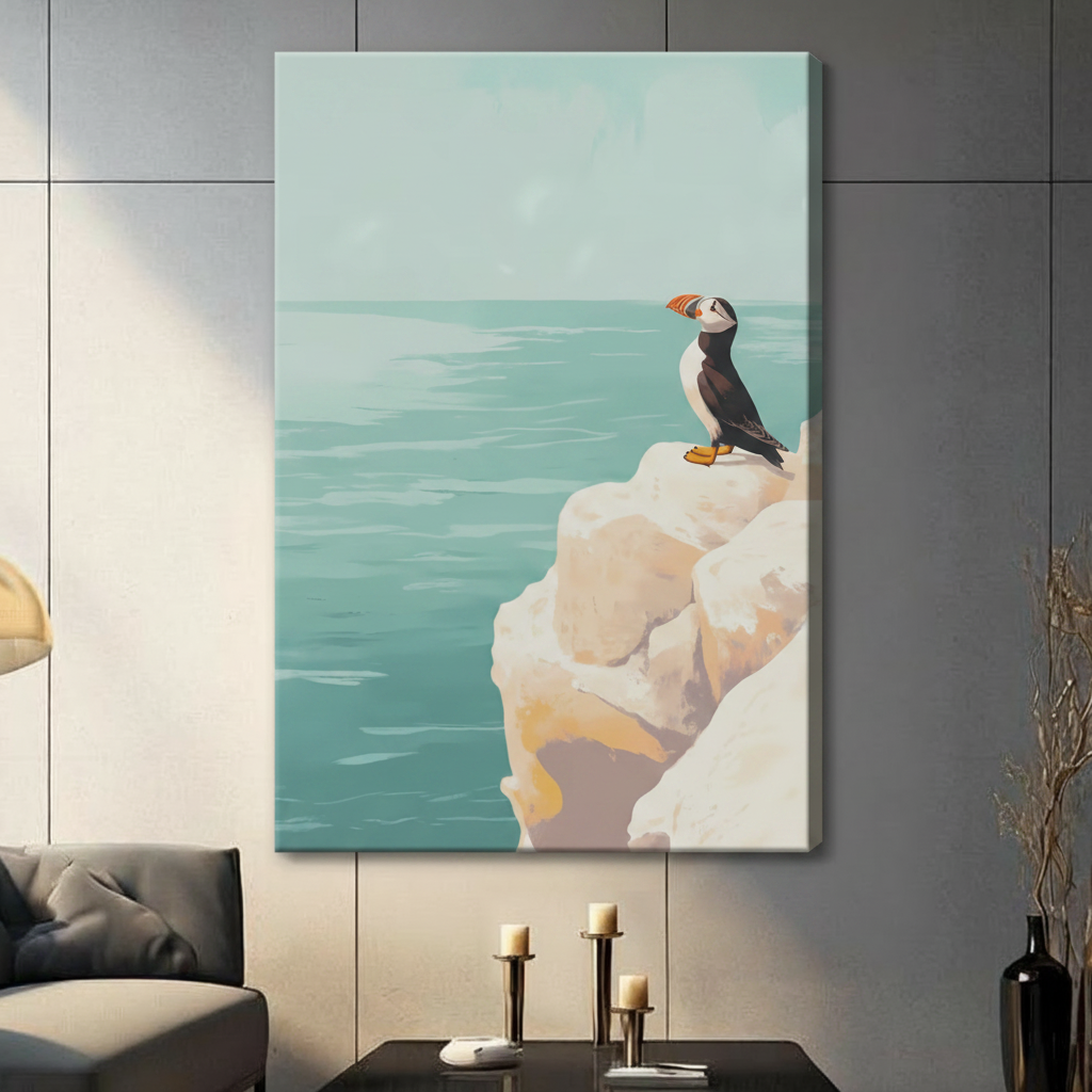 Puffin Coastal Cliff Ocean Vintage Canvas Wall Art