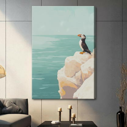 Puffin Coastal Cliff Ocean Vintage Canvas Wall Art