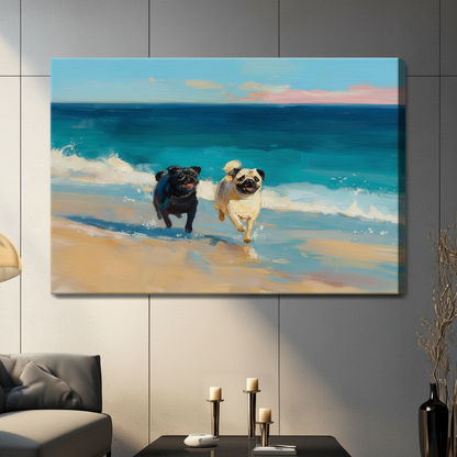 Two Pugs Running Beach Ocean Oil Painting Canvas