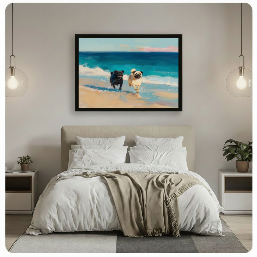 Two Pugs Running Beach Ocean Oil Painting Canvas