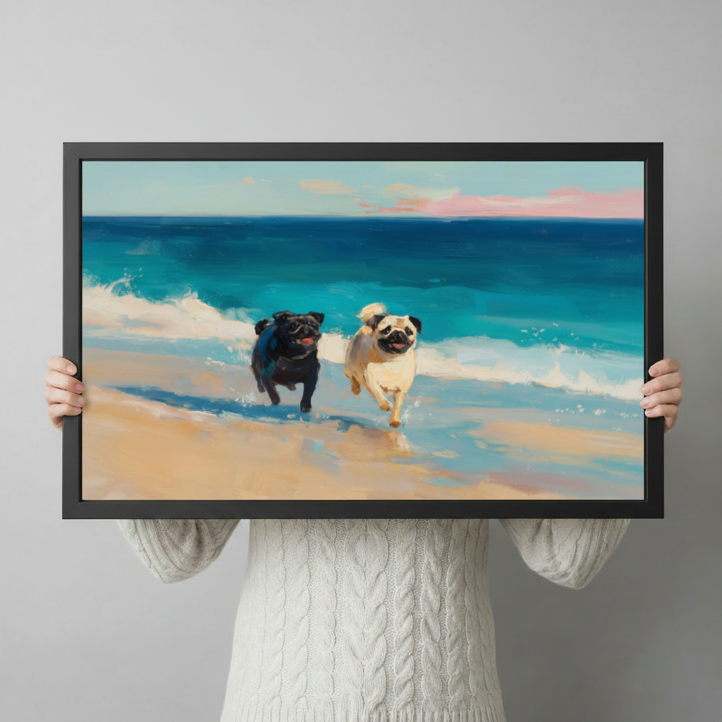 Two Pugs Running Beach Ocean Oil Painting Canvas
