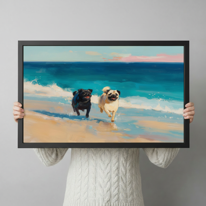 Two Pugs Running Beach Ocean Oil Painting Canvas