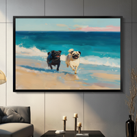 Two Pugs Running Beach Ocean Oil Painting Canvas