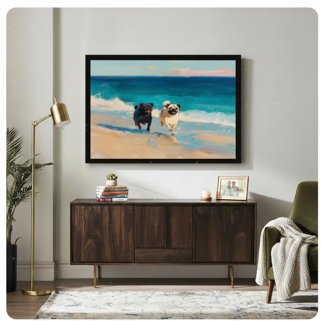 Two Pugs Running Beach Ocean Oil Painting Canvas