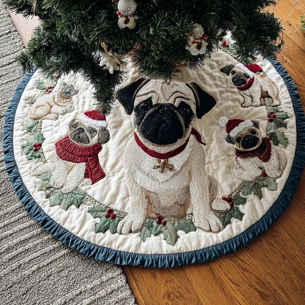 Pug Charm Christmas Quilted Tree Skirt