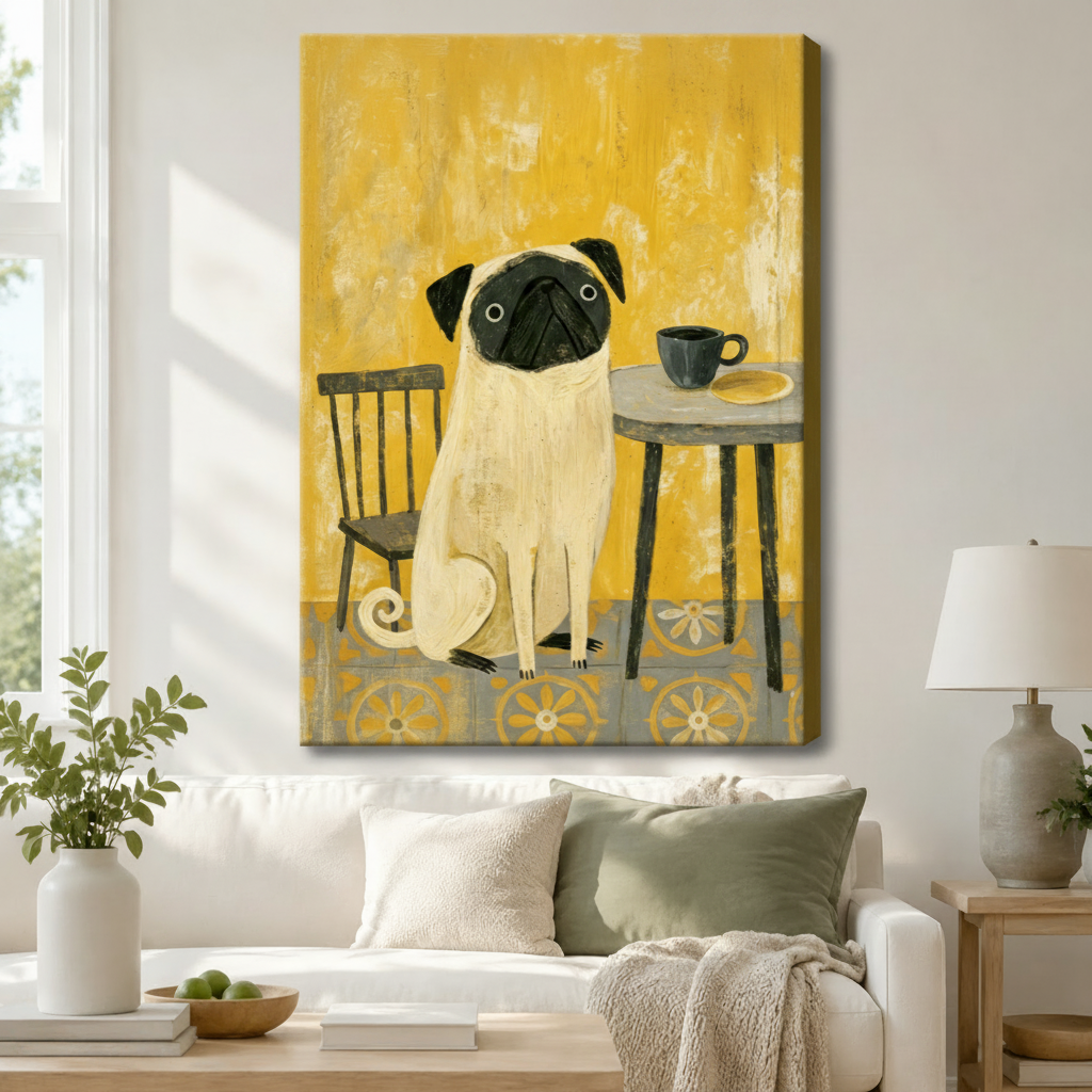 Retro Pug Cafe Framed Canvas Wall Art