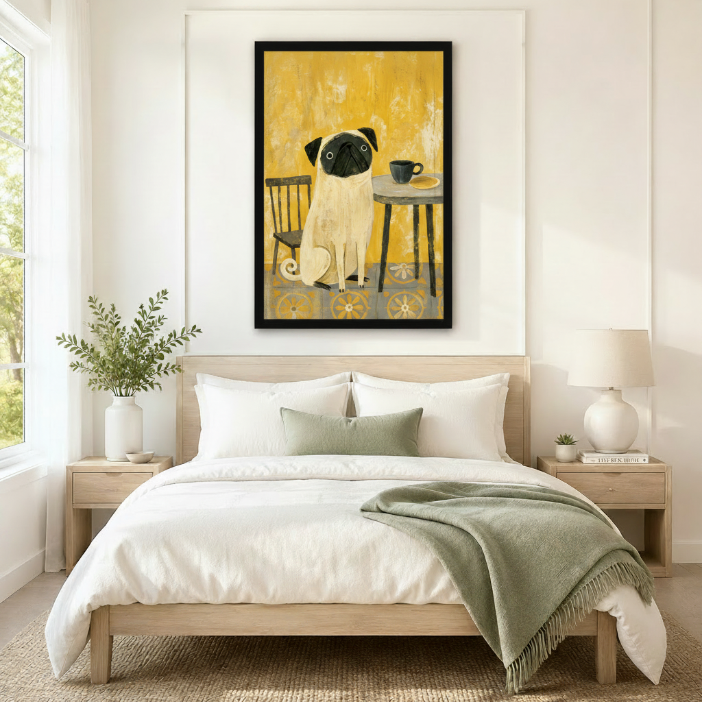 Retro Pug Cafe Framed Canvas Wall Art