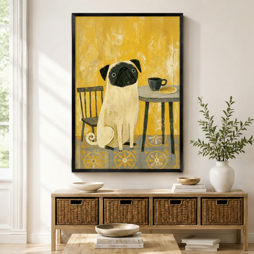 Retro Pug Cafe Framed Canvas Wall Art