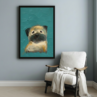 Whimsical Pug Portrait Teal Canvas Art Wall Art