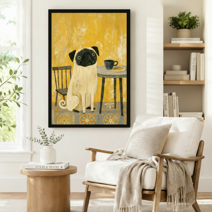 Retro Pug Cafe Framed Canvas Wall Art