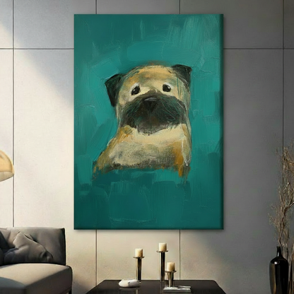 Whimsical Pug Portrait Teal Canvas Art Wall Art
