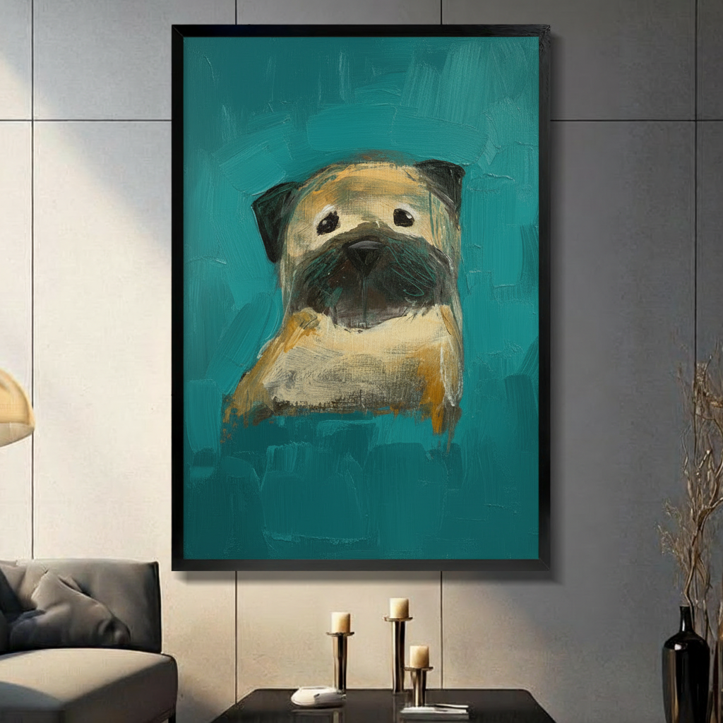 Whimsical Pug Portrait Teal Canvas Art Wall Art