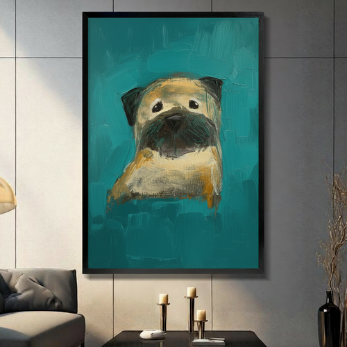 Whimsical Pug Portrait Teal Canvas Art Wall Art
