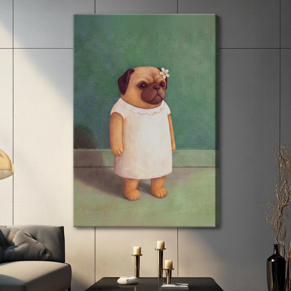Vintage Pug Portrait White Dress Oil Painting Canvas
