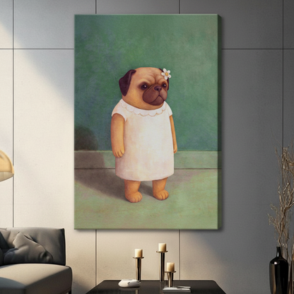 Vintage Pug Portrait White Dress Oil Painting Canvas